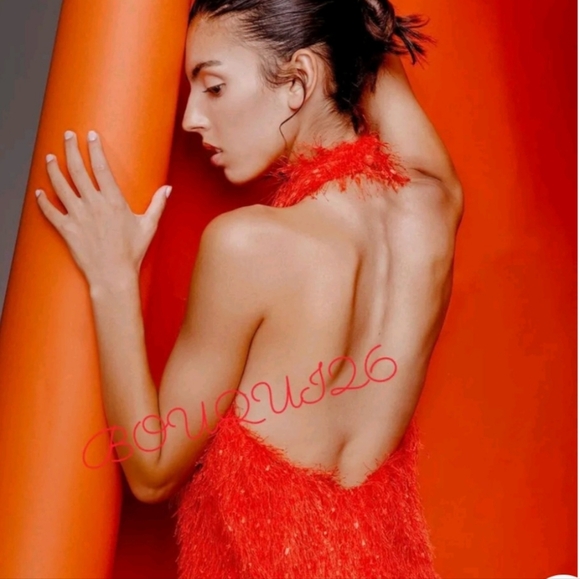 Women designer ZARA new $95 orange fringe bohemian halter mini dress size large - Picture 13 of 16